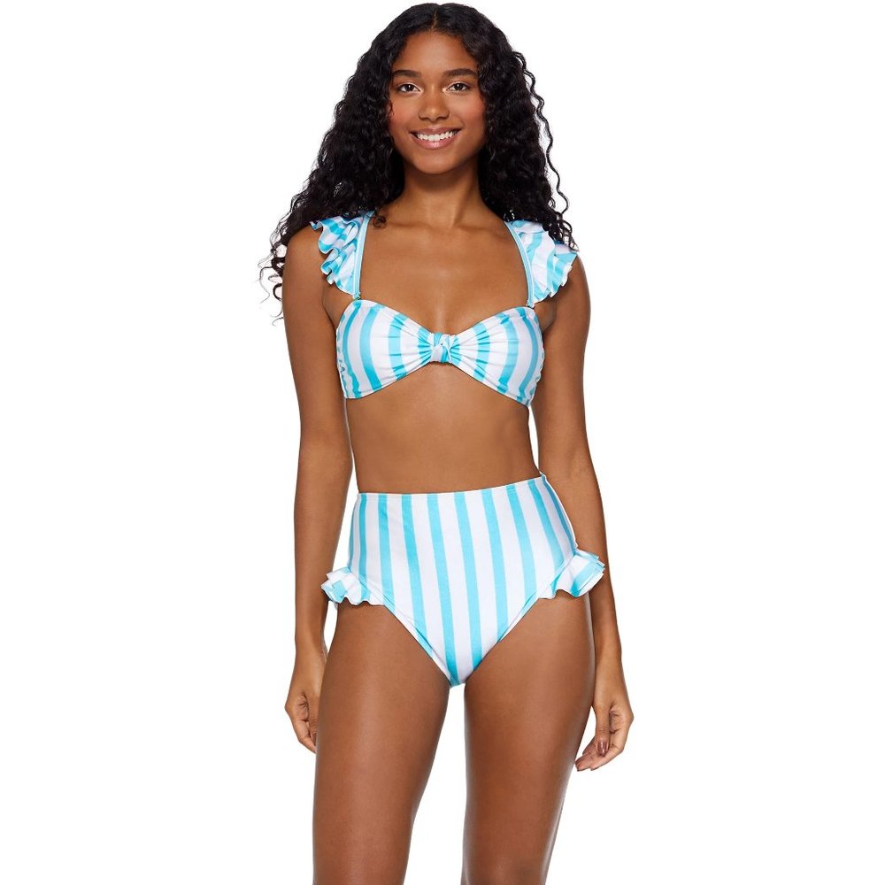 Juniors Aqua Blue Stripe Ruffle Swim 2-PIECE Bikini Set